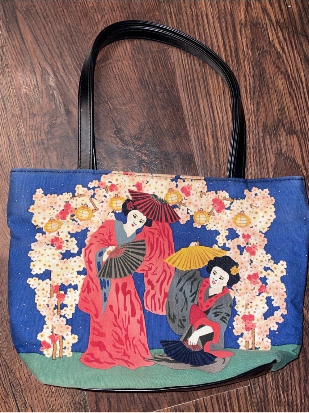 Blue Geisha Print Tote Bag with Black Handles